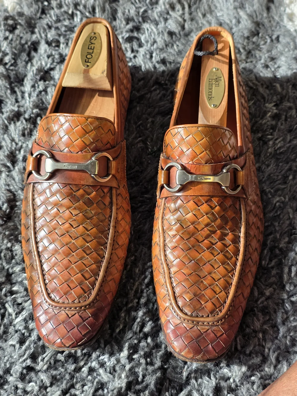 Magnanni Men’s Woven Leather Bit Loafers in Cognac Brown Size 9.5